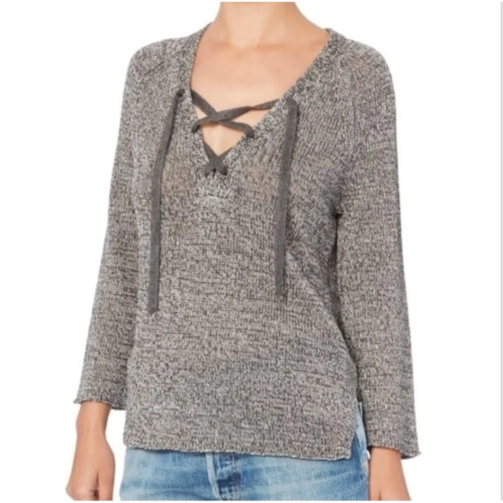 Brochu Walker Sweater 100% Linen Tie Front V Neck Womens Size Small Luxury